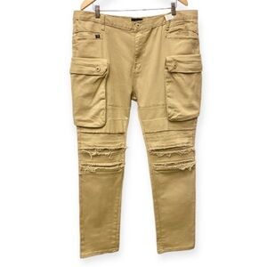 Forte’ 40x30 Cargo Pants Distressed Mens Stretch Pockets Tan Beige Tag Size 3XL